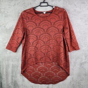 Cato Vibrant Rust Color Lace Three-Quarter Sleeve High-Low Top, Size XL